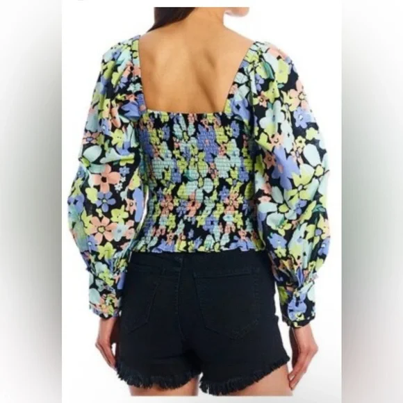 Free People Ariana Smocked Floral Puff Sleeve Smocked Top - Picture 3 of 14